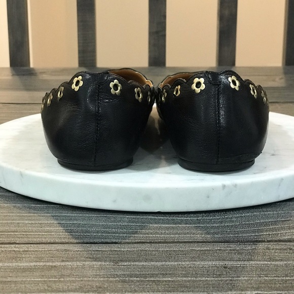 Black Leather Metal Floral Studs Chic Ballet Flats - Picture 3 of 8